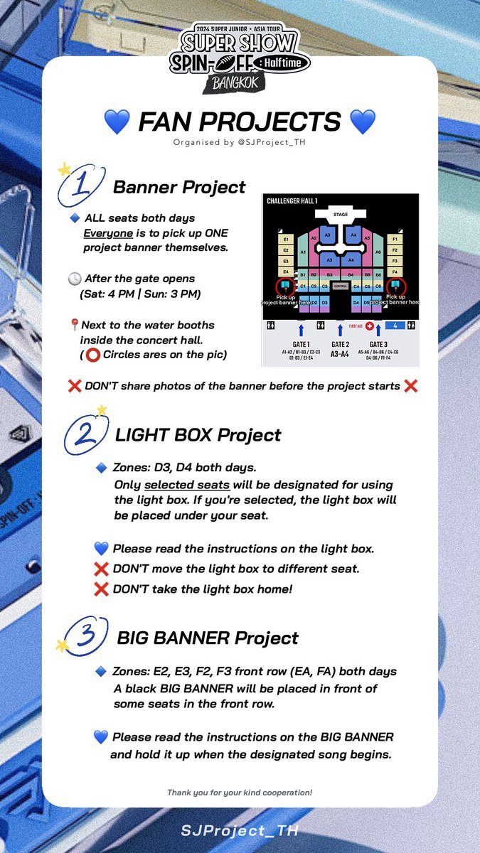 [D-1]
💙FAN PROJECT BY THAI E.L.F.
ฝาก​ประชาสัมพันธ์​,ส่งต่อให้เพื่อนๆเอลฟ์ทุกคนที่มาคอนเสิร์ตด้วยนะคะ

-อย่าลืมมารับแผ่นโปรเจคและอ่านวิธีทำด้านหลังก่อนคอนจะเริ่ม + ทุกโปรเจครวมถึงเก้าอี้ที่มี Light box, Banner ใหญ่ รบกวนถือตั้งแต่จนจบเพลงที่ระบุไว้เลยค่ะ
#SPINOFFHALFTIME_IN_BKK