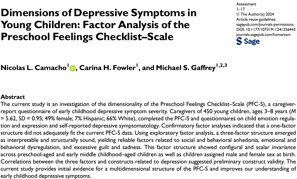 NicoCamacho94's tweet photo. 🌟NEW PAPER ALERT🌟

In my ✨1st first-author paper✨ published at Assessment, we explored the factor structure of a measure of depressive symptoms in young children, identifying age &amp; sex invariant factors related to anhedonia, emotion &amp; behavior dysregulation, and guilt-sadness https://t.co/coSdNxjhSa