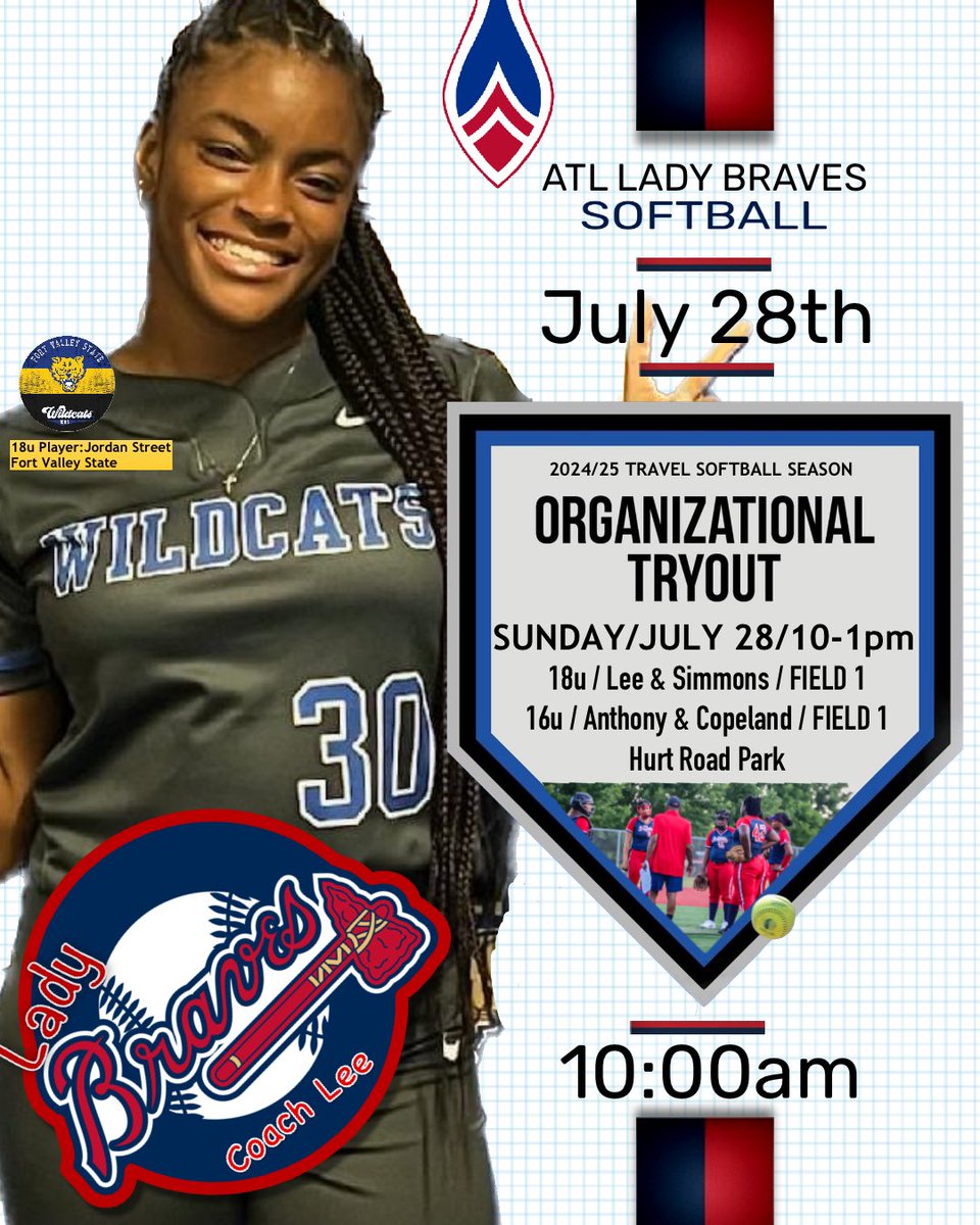 LadyBravesLee's tweet photo. Come out and join the Atlanta Lady Braves on July 28th for the Organizational Tryouts for the Fall Season. Questions Contact Coach Keisha @(678) 777-2075

Please complete the registration form below:
https://t.co/ljLfDVBrJ7 https://t.co/p4uwEgvDvB