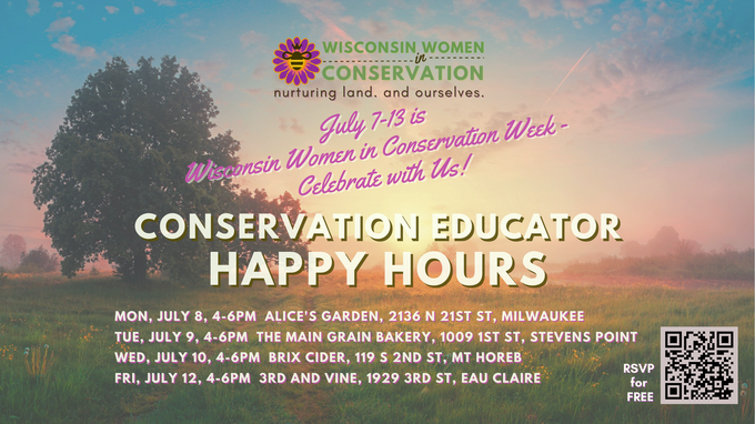 wilandwater's tweet photo. Next week is officially Wisconsin Women in Conservation Week! We encourage our network of wonderful women educators to celebrate by joining one of @wiwic 's Conservation Educator Happy Hours. 🎉

Register to attend one in your region! https://t.co/VmJ8wCAmC5 https://t.co/Z4RFbcdfE0