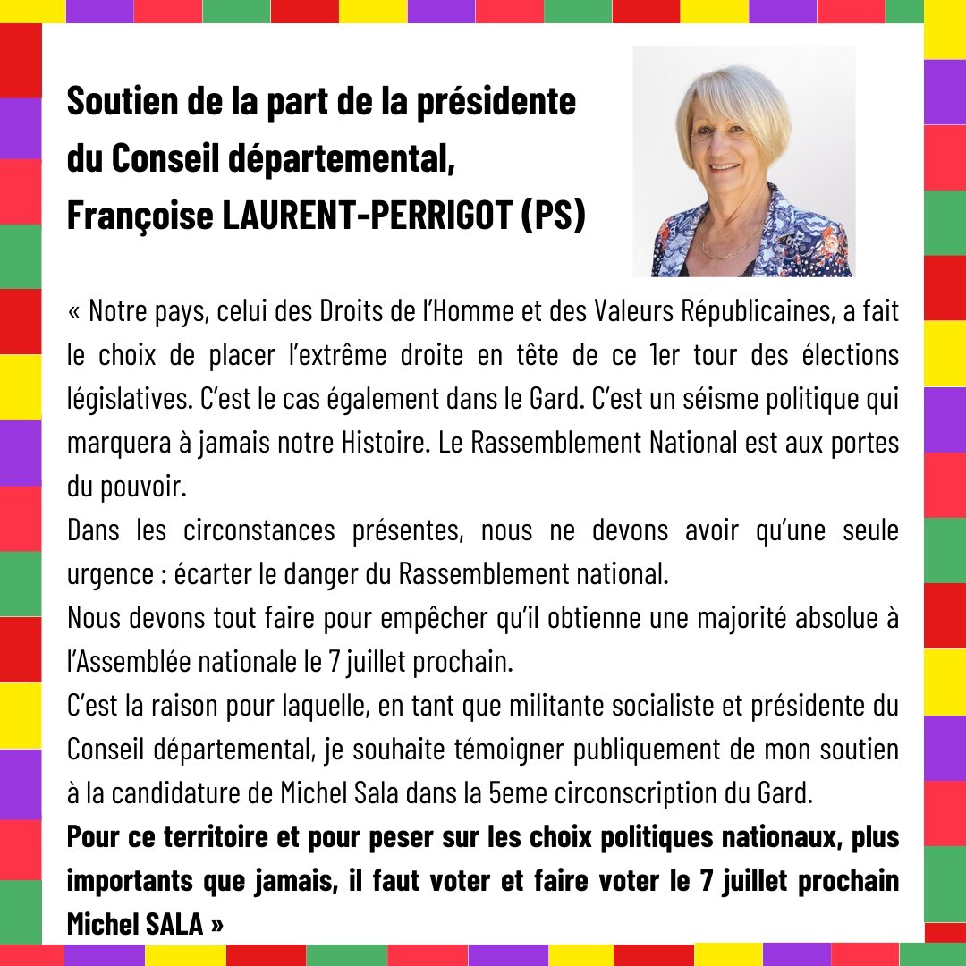 🟠Merci à vous, Françoise Laurent-Perrigot (PS), présidente du Conseil départemental, pour votre soutien. 

Nous portons un programme de justice. Nos citoyen·nes feront le meilleur choix.

Ne nous laissons pas intimider par le Rassemblement National.
Le #7juillet, à vos votes! 🗳