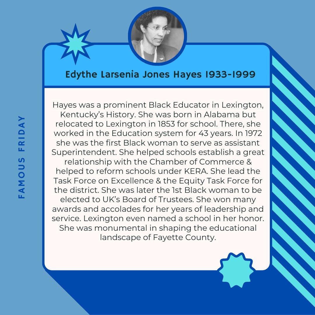 ATBHIK's tweet photo. Happy Friday Y'all!

This week's shoutout for Famous Friday goes to the impactful Lexingtonian and educator, Edythe Larsenia Jones Hayes! 🍎

Who should we spotlight next week? Tell us below!

#ATBHK #FamousFriday #BlackHistory #KentuckyHistory #BlackHistory https://t.co/yVhpvNUFHB