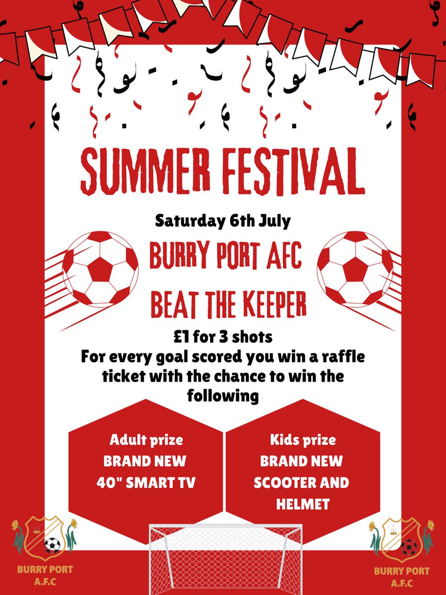 ‼️WIN A BRAND NEW TV OR A BRAND NEW SCOOTER‼️

We’re hosting a beat the keeper stall at tomorrows carnival, get involved for only £1 to have the chance to win these amazing prizes⚽️