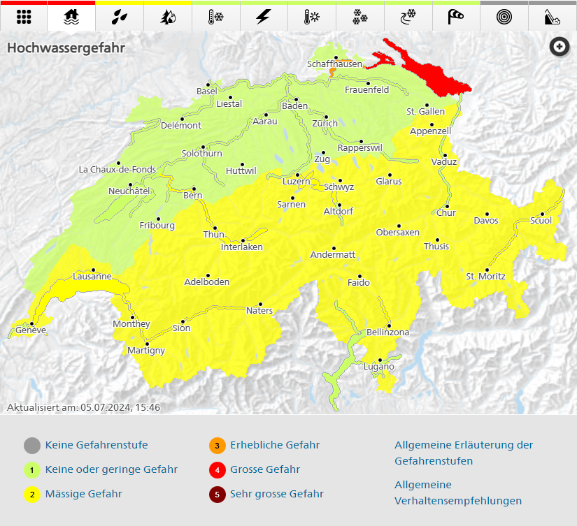 Am Wochenende wieder Regen &amp; Gewitter.
V.a. die Alpensüdseite ist betroffen (GR, VS und TI). Erdrutsche &amp; Murgänge in den Alpenregionen möglich, v.a. im TI. Hochwasser-Gefahrenstufen: Bodensee 4, viele weitere 2. Aktuelle Warnungen im Naturgefahrenbulletin naturgefahren.ch/home/aktuelle-…
