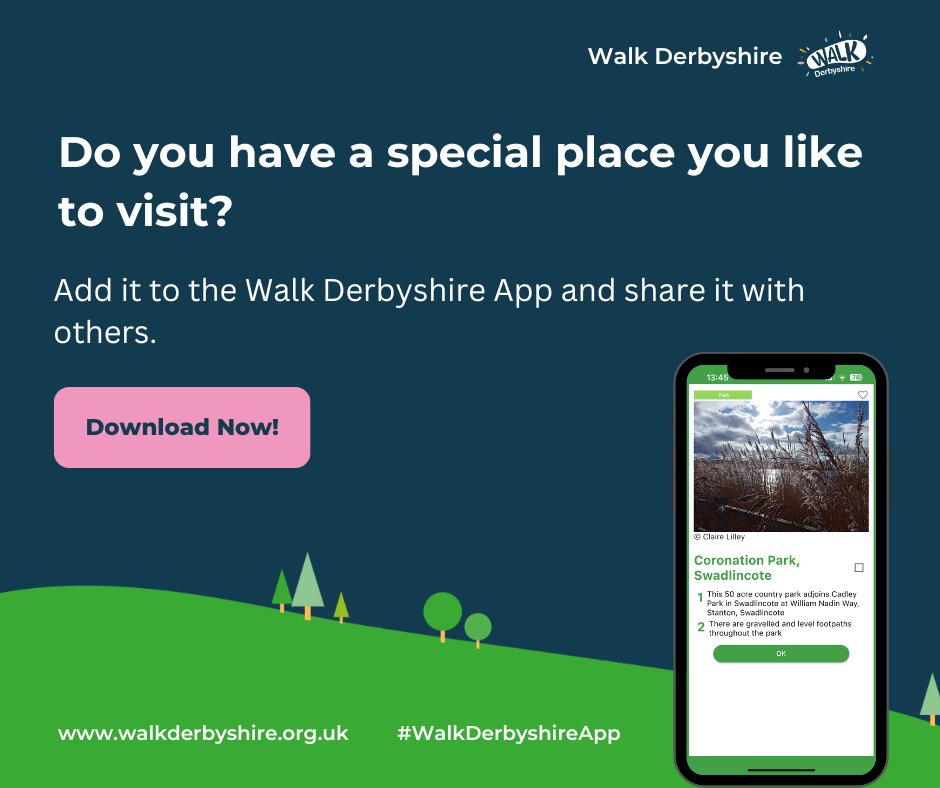 Noticed an outdoor space around you that isn't included in the Walk Derbyshire App?

You can add it and share it with others here: walkderbyshire.org.uk/app-add-route-…

Or click "Add a Walk" on the app.
#WalkDerbyshireApp