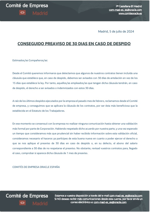 ComiteOracle's tweet image. COMUNICADO: CONSEGUIDO PREAVISO DE 30 DIAS EN CASO DE DESPIDO
#comiteoracle #nomasdespidos #30DIASPREAVISO #ORACLE