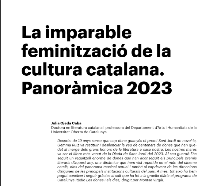 He dedicat un dels articles exploratoris de l'Informe anual del <a href="/CoNCACultura/">Consell Nacional de la Cultura i de les Arts</a> al binomi gènere i cultura. 

N'ha sortit aquest text ple de noms i projectes interessants: del premi Sant Jordi a les Dones i els Dies, i etc., sou servits!
conca.gencat.cat/ca/detall/publ…