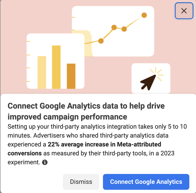 AkvileDeFazio's tweet photo. Interesting new pop up in Meta Ads this morning, now allowing advertisers to connect their GA account. Have you seen it yet and connected yours? https://t.co/stCfSQYqwl