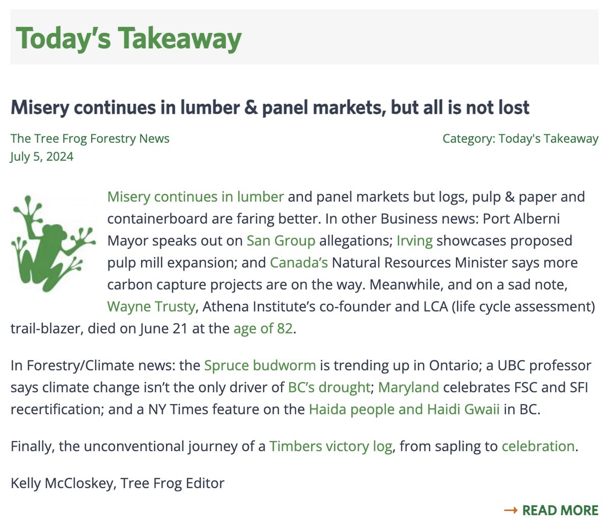 TreeFrogNews's tweet image. Don&apos;t miss your daily forestry news, brought to you by Tree Frog Forestry News. Here&apos;s a peek at today&apos;s headlines. Click the link to see the full list of stories. Subscriptions are free (thanks to our sponsors!), sign up today. treefrogcreative.ca/news/