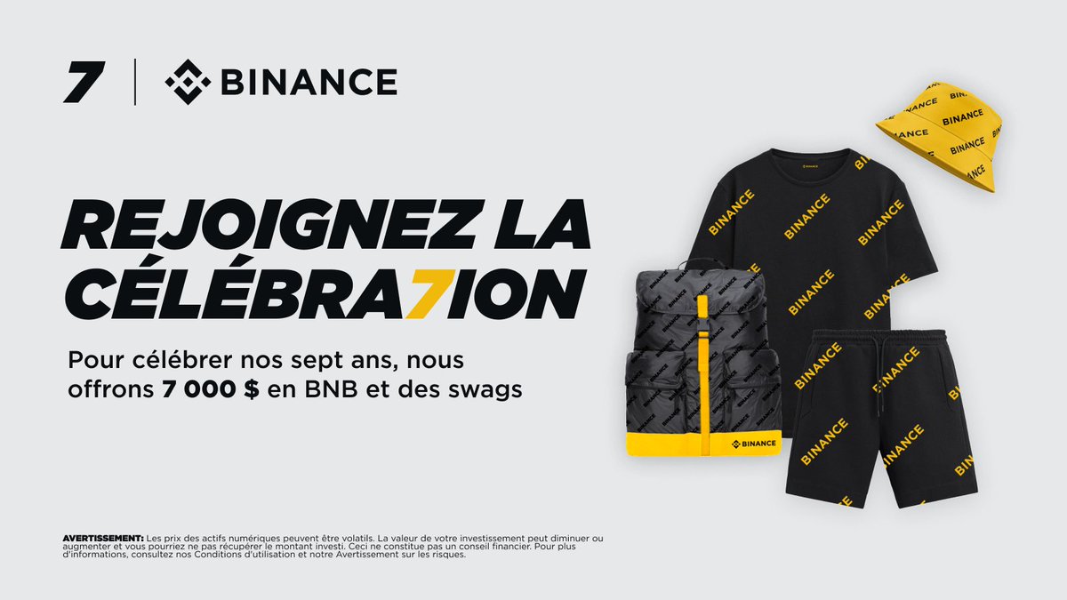 À l'occasion des 7 ans de #BinanceTurns7, nous offrons 7 000 $ en $BNB, des articles exclusifs et d'autres récompenses.

Pour participer au concours sur 𝕏 :
🔸 Suivez <a href="/binance/">Binance</a> et <a href="/binanceafrique/">Binance Afrique</a> .
🔸 Retweetez et commentez ce que "L’attitude Binance" signifie pour vous avec le