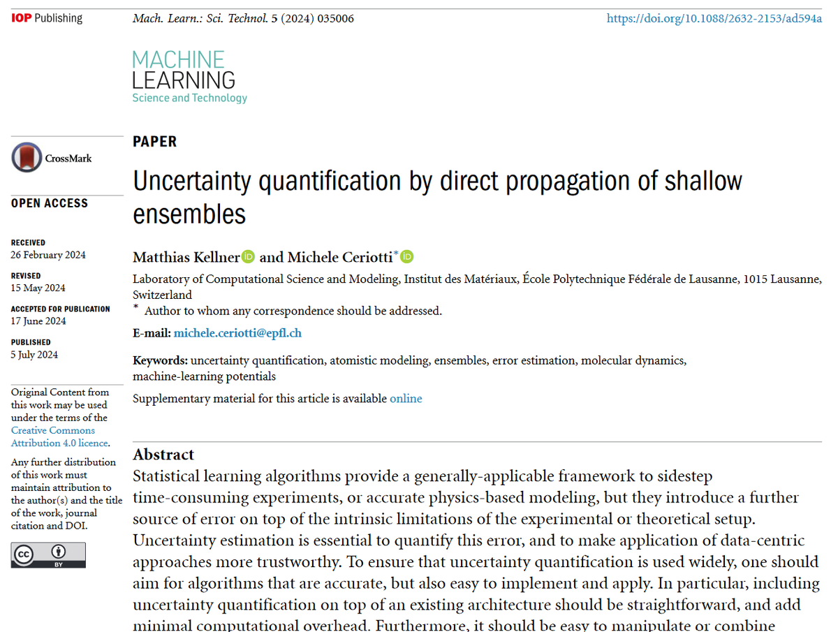 Machine Learning: Science and Technology (@mlstjournal) on Twitter photo Great new work by <a href="/LinusKellner/">Matthias Kellner</a> and <a href="/MicheleCeriotti/">Michele Ceriotti</a> <a href="/lab_COSMO/">COSMO Lab</a> <a href="/Materials_EPFL/">Materials Science & Engineering @EPFL</a> - 'Uncertainty quantification by direct propagation of shallow ensembles' - iopscience.iop.org/article/10.108… #machinelearning #compchem #PINNs #statphys #materials #simulation #atomisticmodelling #AI #DFT Great new work by <a href="/LinusKellner/">Matthias Kellner</a> and <a href="/MicheleCeriotti/">Michele Ceriotti</a> <a href="/lab_COSMO/">COSMO Lab</a> <a href="/Materials_EPFL/">Materials Science & Engineering @EPFL</a> - 'Uncertainty quantification by direct propagation of shallow ensembles' - iopscience.iop.org/article/10.108… #machinelearning #compchem #PINNs #statphys #materials #simulation #atomisticmodelling #AI #DFT