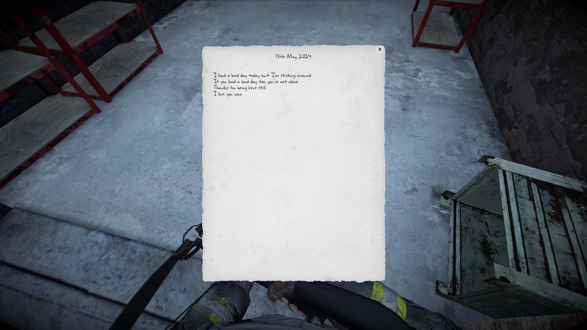 I would really love to know the story behind this note I found on the <a href="/DayOneDayZ/">DayOneDayZ</a> server. It hit me in the heart 😞 #dayz #dayone