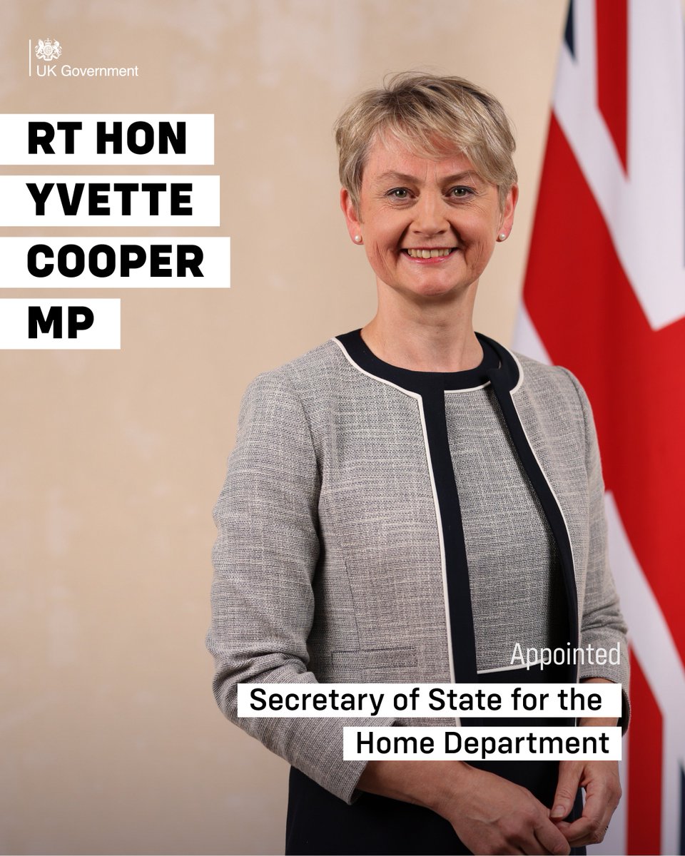 10DowningStreet's tweet image. The Rt Hon Yvette Cooper MP @YvetteCooperMP has been appointed Secretary of State for the Home Department @ukhomeoffice.