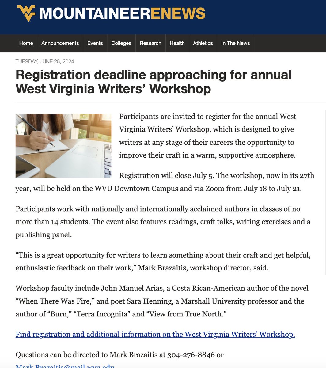 I've loved these beautiful summer days serving as MFA faculty in the <a href="/wvwcmfa/">WVWC Low-Residency MFA in Creative Writing</a> at @wvwesleyan! Later this month, I'm thrilled to serve as faculty at the West Virginia Writers' Workshop, taking place at @westvirginiau July 18-21! Morgantown, here I come! &lt;3