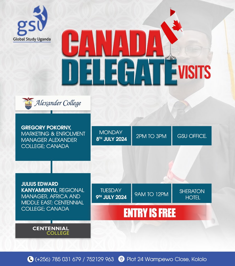 Global Study Uganda (@globalstudyug) on Twitter photo Do you wish to study in Canada?
Don't miss your chance to interact with our Canadian delegates from <a href="/alexander_edu/">Alexander College</a> & <a href="/CentennialEDU/">Centennial College</a> on July 8th & 9th at our Offices and Sheraton Hotel Kampala respectively.
Please check poster below for details.
#GSU #StudyAbroad Do you wish to study in Canada?
Don't miss your chance to interact with our Canadian delegates from <a href="/alexander_edu/">Alexander College</a> & <a href="/CentennialEDU/">Centennial College</a> on July 8th & 9th at our Offices and Sheraton Hotel Kampala respectively.
Please check poster below for details.
#GSU #StudyAbroad
