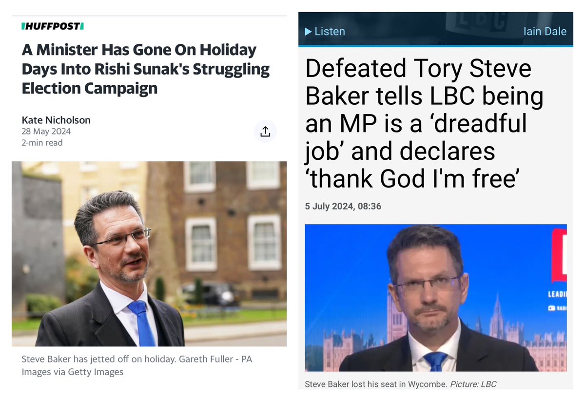 Let’s take a moment to remember poor Steve Baker. He couldn’t be arsed to campaign the election or serve his constituents so went on holiday. Then after not bothering to try said “thank God, I’m free”.

Genuinely a lazy c*+t , a scrounger that doesn’t deserve a job after politics