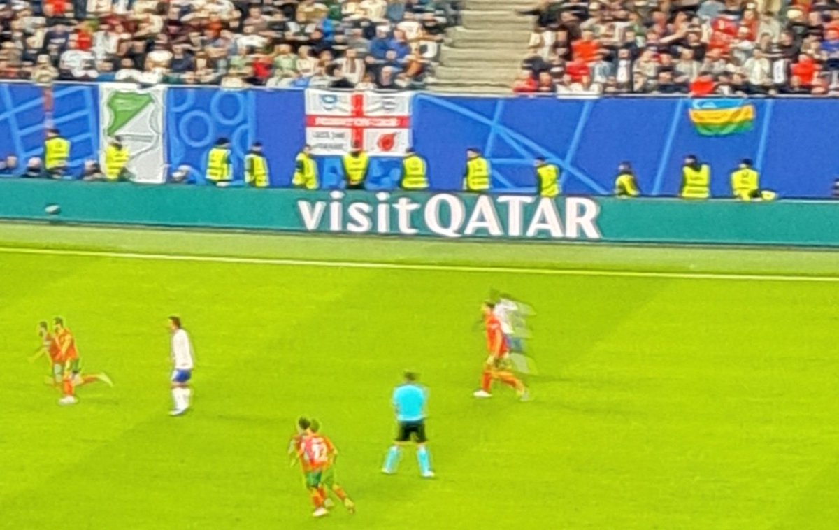 PortsmouthBlue's tweet photo. Nice to see the #Pompey on tour flag hanging over the side in the Portugal vs France match. Great effort lads. 👌 #EURO2024 https://t.co/fr8dEp60c7