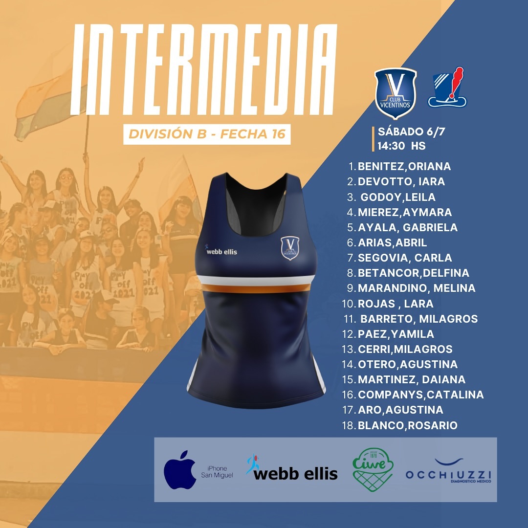 Vamos Vicente 💙🧡🤍

Les compartimos los equipos del Plantel Superior B, que se enfrentarán de local a Pueyrredón.

¡Éxitos chicas!