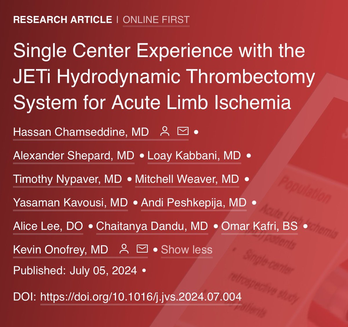 Hassan Chamseddine (@chamseddine0) on Twitter photo 🔥 Hot off the press!
The first ever study assessing the efficacy and safety of the JETi Hydrodynamic Thrombectomy System in the treatment of acute limb ischemia, just published in <a href="/JVascSurg/">Journal of Vascular Surgery</a>.
@LoayKabbani @HFHSurgery <a href="/AbbottCardio/">Abbott Cardiovascular</a> <a href="/AbbottNews/">Abbott</a>
jvascsurg.org/article/S0741-… 🔥 Hot off the press!
The first ever study assessing the efficacy and safety of the JETi Hydrodynamic Thrombectomy System in the treatment of acute limb ischemia, just published in <a href="/JVascSurg/">Journal of Vascular Surgery</a>.
@LoayKabbani @HFHSurgery <a href="/AbbottCardio/">Abbott Cardiovascular</a> <a href="/AbbottNews/">Abbott</a>
jvascsurg.org/article/S0741-…