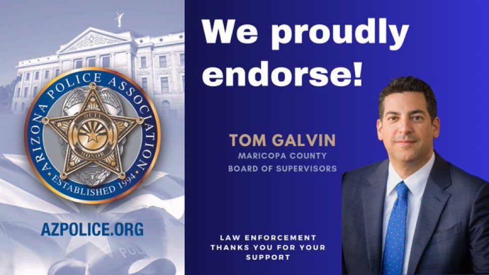 ThomasGalvin's tweet image. Thread: 🧵 My PUBLIC SAFETY ENDORSEMENTS
I’m proud to be endorsed by the Arizona Police Association. This prestigious organization represents the interests of our terrific law enforcement professions. Thank you, @AZPoliceAssc for your support.
