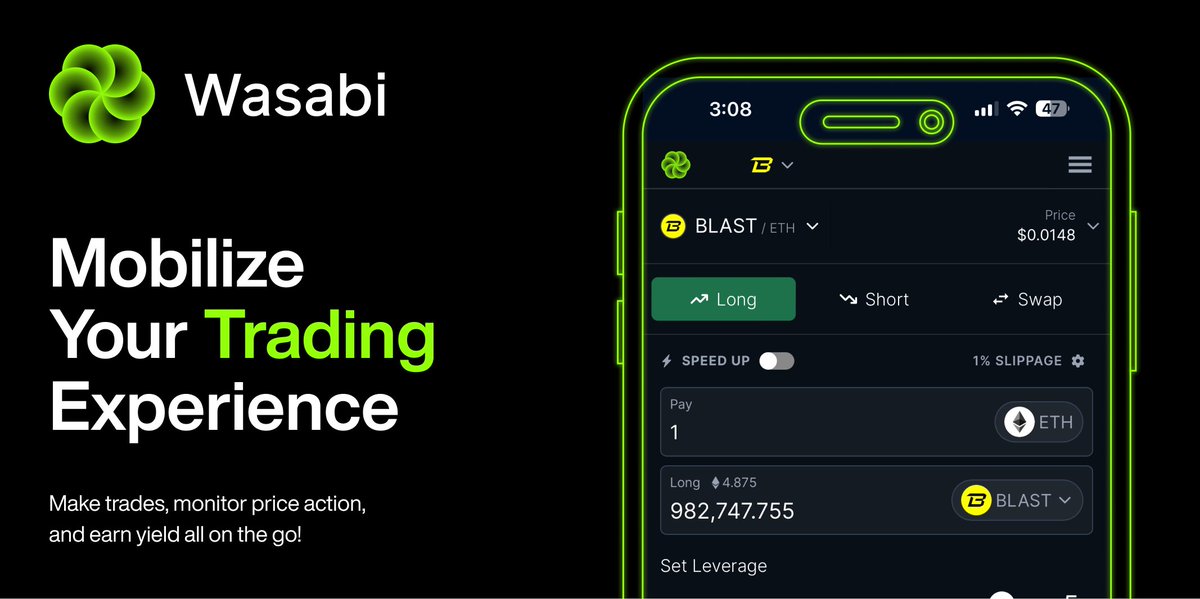 wasabi_protocol's tweet photo. 🟢 Mobilize Your Trading Experience 🟢

Make trades, monitor price action and earn yield on the go!

Visit https://t.co/XdoQLhYGaC on your mobile browser and add it to your home screen to unlock the most robust mobile trading experience on @blast.