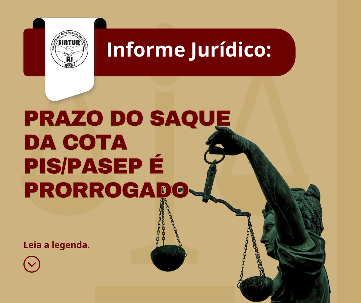 ATENÇÃO!
O prazo de solicitação da cota PIS/PASEP foi prorrogado conforme nova publicação do Diário Oficial da União (DOU). Os servidores que tiverem saldo na cota PIS/PASEP têm até o dia 28/10/2024 para requisitar o valor na Caixa Econômica.

Confira: sinturrj.org.br/galeria/notici…