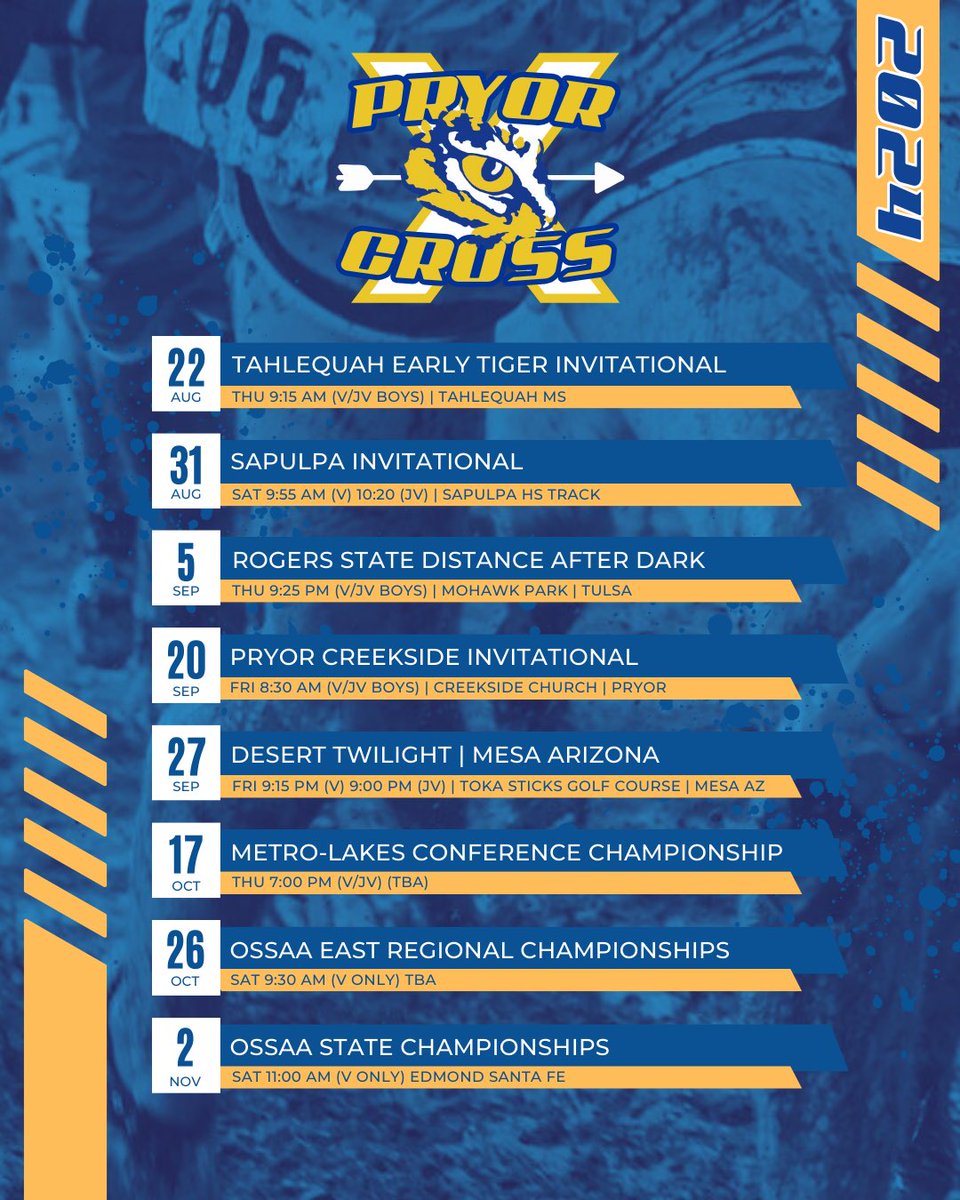 PHStigerspeed's tweet photo. The 2024 season schedule has dropped! Some exciting opportunities to race are coming our way, including the prestigious Desert Twilight XC Invite in Mesa AZ! #phstigerspeed @Pryor_Athletics https://t.co/46ra1Qekmf