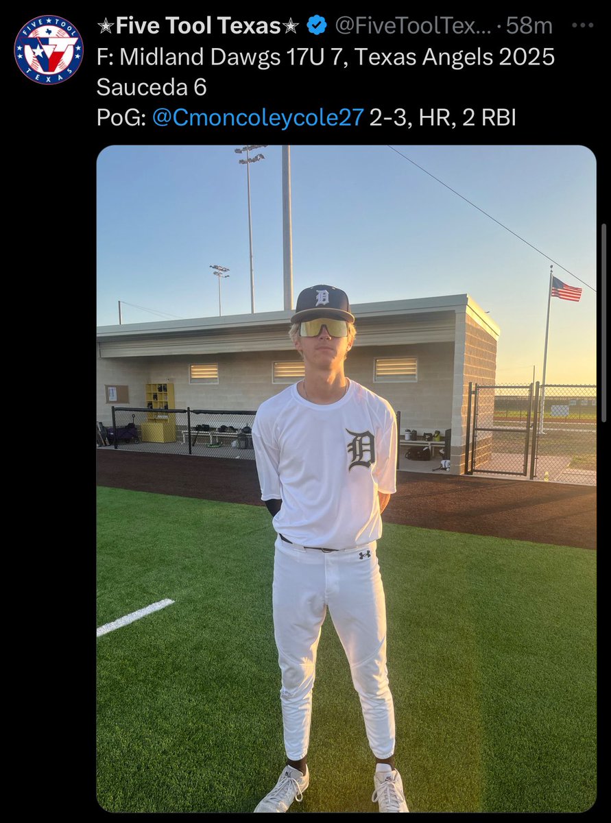 Cole Lunsford (@cmoncoleycole27) on Twitter photo Summer ball ‘24 stats:
.381 AVG / 1.038 OPS / 16 hits /
12 1B / 2 2B / 1 3B / 1 HR / 6 BB / 3 HBP
Thank you #midlanddawgs for two great summers! <a href="/SmithKermit/">Kermit Smith</a> <a href="/TimTadlockTTU/">Tim Tadlock</a> <a href="/Jefflightfoot4/">Jeff lightfoot</a> <a href="/coachbales5/">Robby Bales</a> <a href="/BUncommitted/">Baseball_Uncommitted</a> Summer ball ‘24 stats:
.381 AVG / 1.038 OPS / 16 hits /
12 1B / 2 2B / 1 3B / 1 HR / 6 BB / 3 HBP
Thank you #midlanddawgs for two great summers! <a href="/SmithKermit/">Kermit Smith</a> <a href="/TimTadlockTTU/">Tim Tadlock</a> <a href="/Jefflightfoot4/">Jeff lightfoot</a> <a href="/coachbales5/">Robby Bales</a> <a href="/BUncommitted/">Baseball_Uncommitted</a>