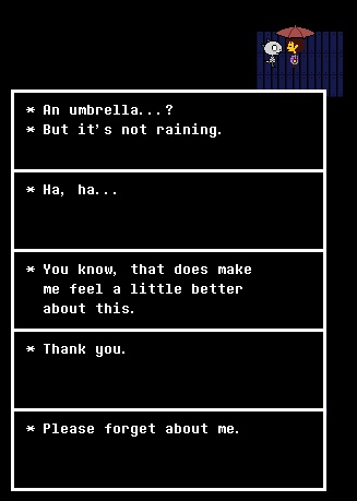 Cuneyt_S_Sevi's tweet photo. I love how Toby hid a part of Goner Kid and Frisk's conversation in the OST
"It's Raining Somewhere Else" is definitely meant to be Frisk's response to "But its not raining" https://t.co/xpS4y9Rzfo