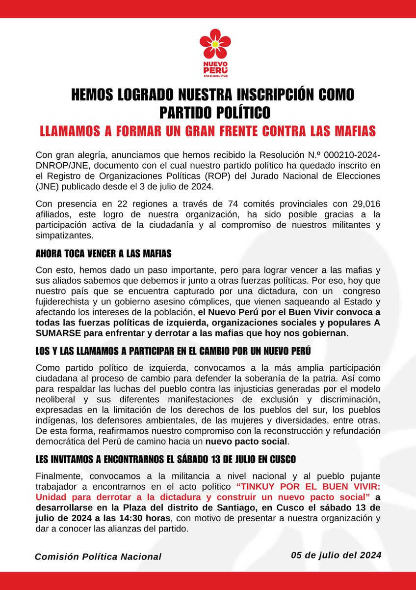 ¡Hemos logrado nuestra inscripción como partido político! 🌺✊🏽

Llamamos a formar un gran frente contra las mafias y les convocamos a encontrarnos en el “TINKUY POR EL BUEN VIVIR” a realizarse el sábado 13 de julio a las 2:30pm en #Cusco. 

#ConElPoderDelPueblo