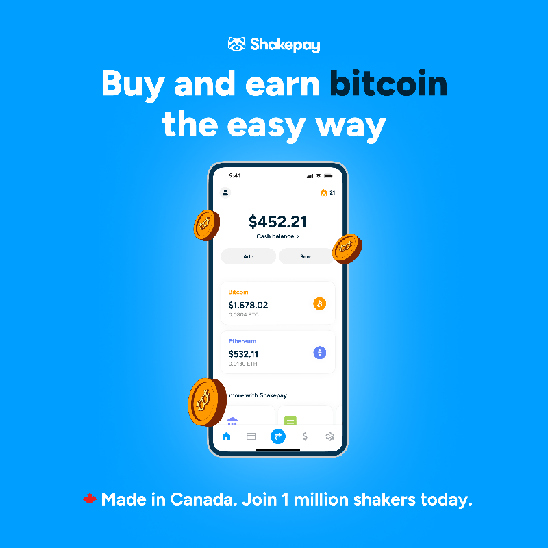 shakepay's tweet photo. Meet Shakepay, the app that gives you free bitcoin just for shaking your phone 📲