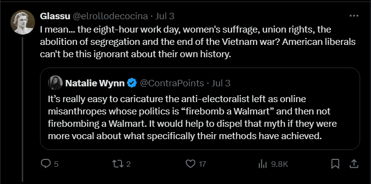 KnowingBetterYT's tweet image. In this thread, Contra says the Dems can point to accomplishments over the last four years and asks what has the anti-electoralist left accomplished in the same timeframe.

All the quote tweets are like, "omg have you heard of the weekend? the civil rights movement? suffrage?" 🙃