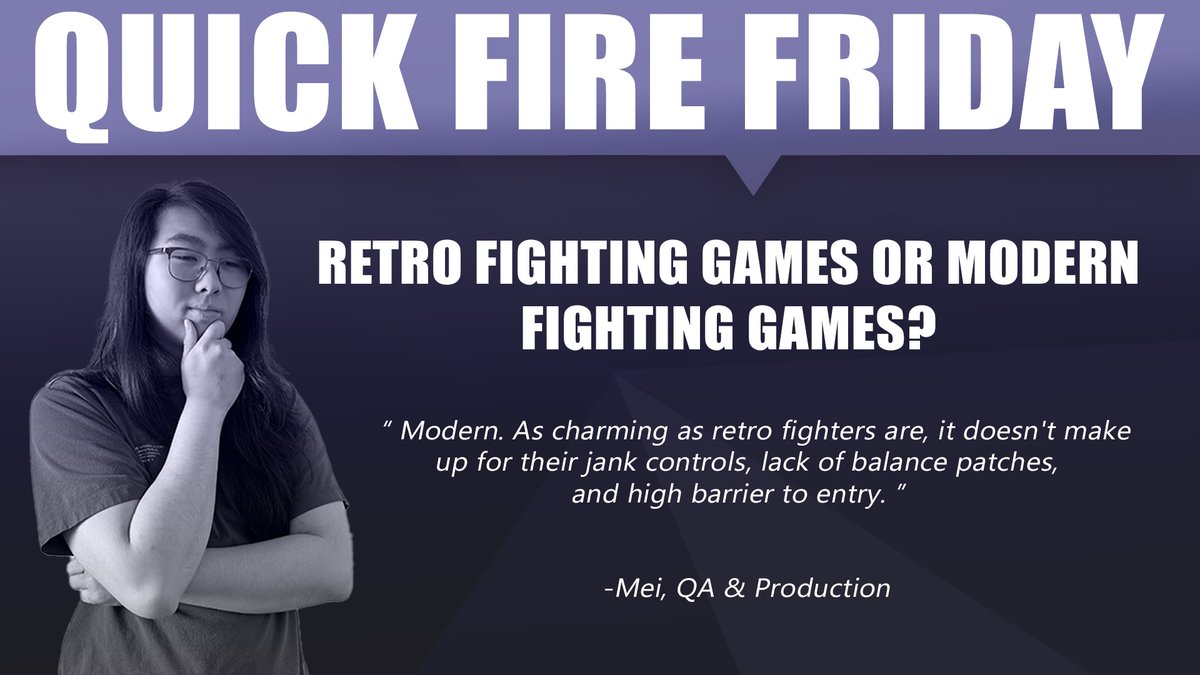 Another Quick Fire Friday is here!! 😁 Resident fighting games superfan, Mei, was asked a tough one this week! 

What's your take!?

#gaming #indiedev