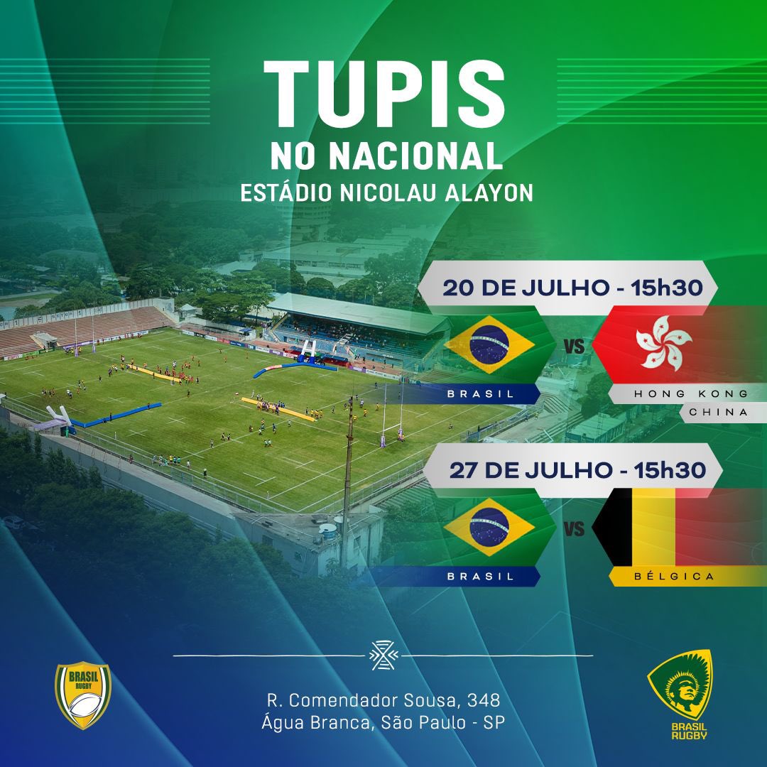 Vem pro Nacional torcer pela Seleção Brasileira Masculina de Rugby XV🏉!

Nos dias 20 e 27, os #Tupis entram em campo em São Paulo de olho em pontos preciosos no Ranking Mundial! É 🇧🇷Brasil contra Hong Kong China🇭🇰 e 🇧🇷Brasil versus Bélgica🇧🇪! 

Marca na agenda que já tem horário