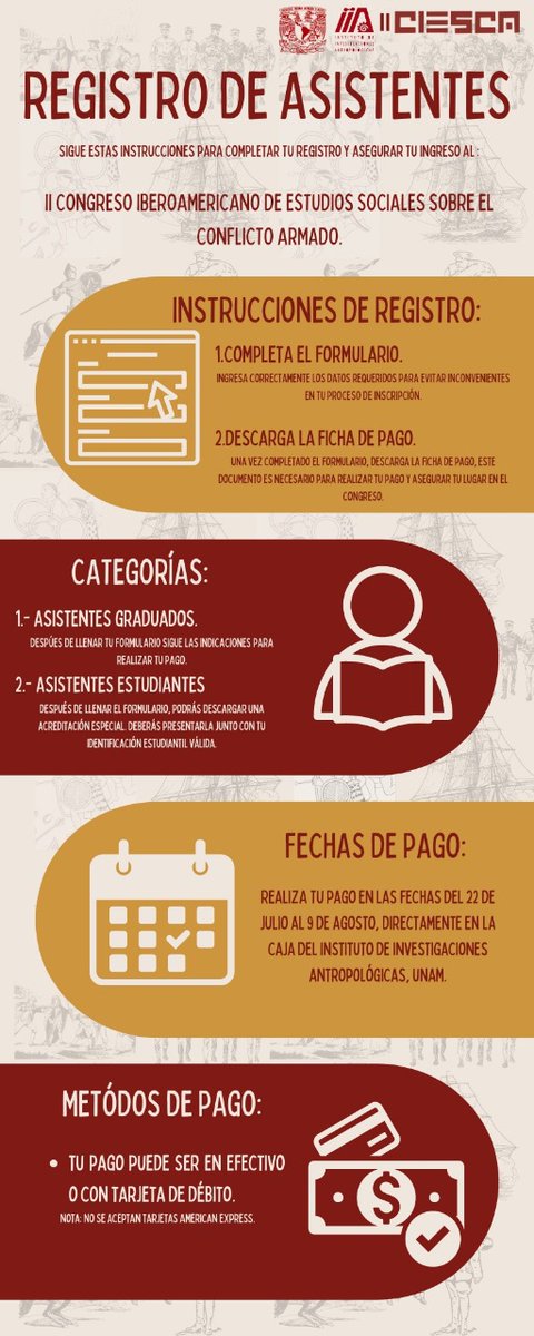 Ésta es tu oportunidad para asistir al II CIESCA.

Llena el formulario, selecciona tu categoría, descarga tu ficha, realiza tu pago y listo. Te esperamos del 12 al 16 de agosto en el Instituto de Investigaciones Antropológicas de la UNAM.

ciesca.iia.unam.mx/registro/asist…