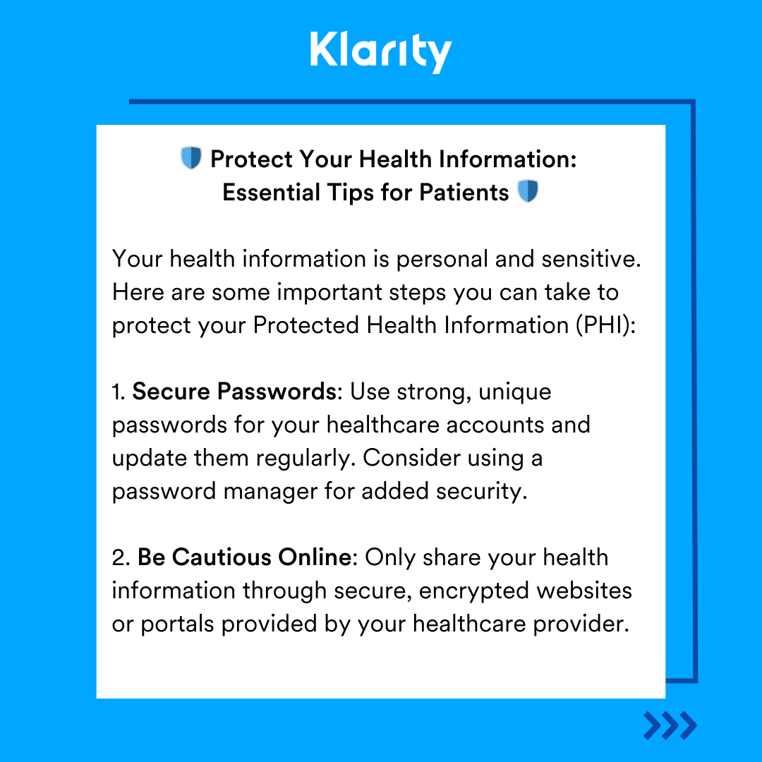 KlarityHealth's tweet image. By following these tips, you can help ensure your health information remains secure and private. Your peace of mind matters! 🌟
#HealthPrivacy #PatientSafety #PHIProtection #StaySecure #HealthTips