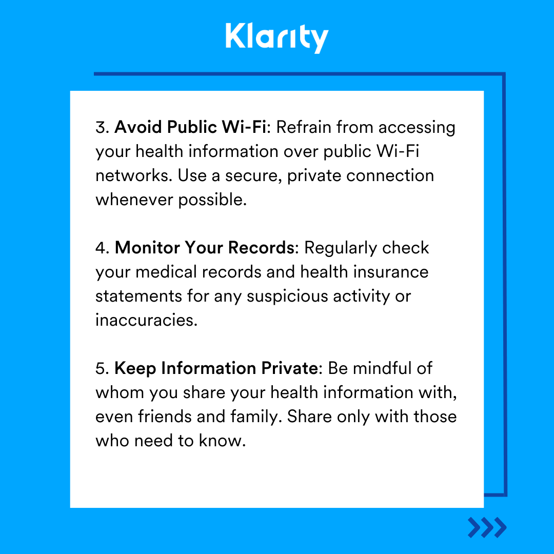 KlarityHealth's tweet image. By following these tips, you can help ensure your health information remains secure and private. Your peace of mind matters! 🌟
#HealthPrivacy #PatientSafety #PHIProtection #StaySecure #HealthTips