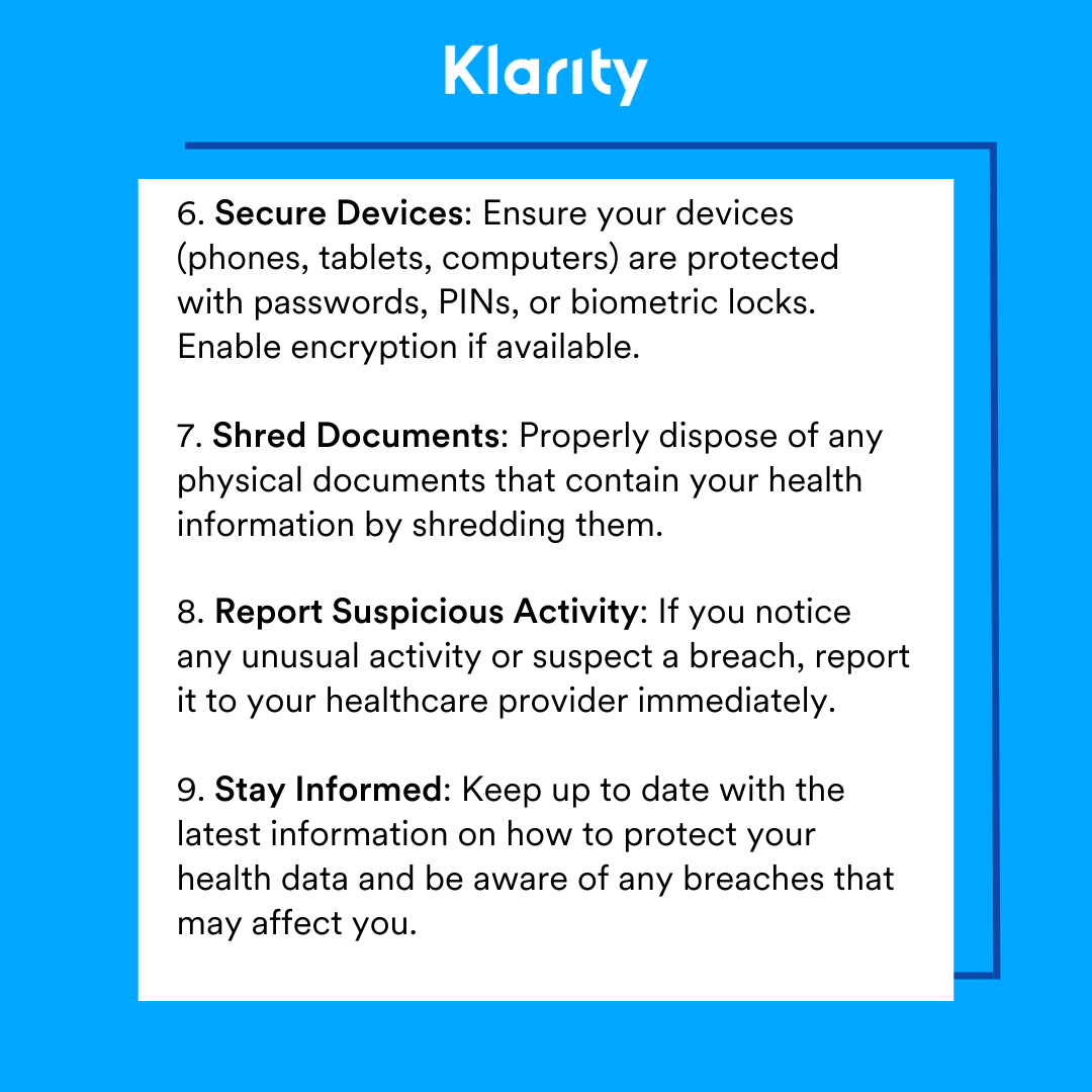 KlarityHealth's tweet image. By following these tips, you can help ensure your health information remains secure and private. Your peace of mind matters! 🌟
#HealthPrivacy #PatientSafety #PHIProtection #StaySecure #HealthTips