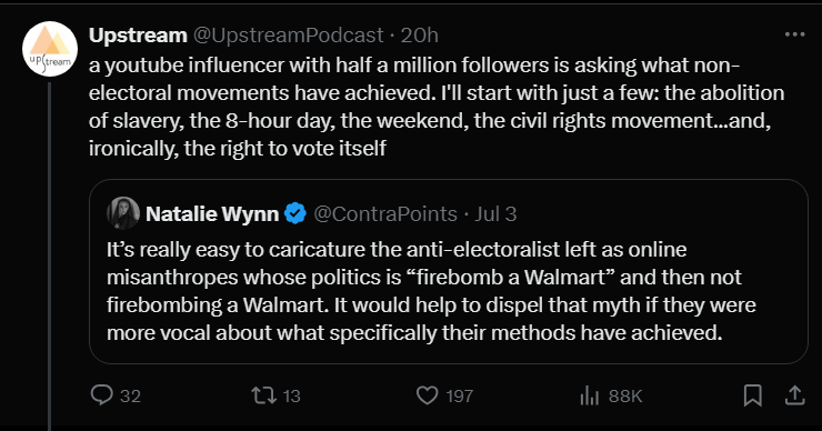 KnowingBetterYT's tweet image. In this thread, Contra says the Dems can point to accomplishments over the last four years and asks what has the anti-electoralist left accomplished in the same timeframe.

All the quote tweets are like, "omg have you heard of the weekend? the civil rights movement? suffrage?" 🙃