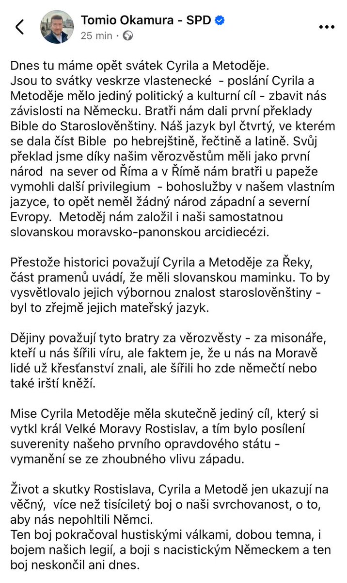 Cenu za největší intelektuální výron ku dnešnímu svátku získává T. Okamura.

Pane Okamuro, ne, příchod bratří neměl jediný cíl zbavit nás závislosti na Německu. 

Zeptal bych se vás tu stejně jako Stroupežnický Cimrmana: “Uvědomujete si, že v té době žádné Německo nebylo?”