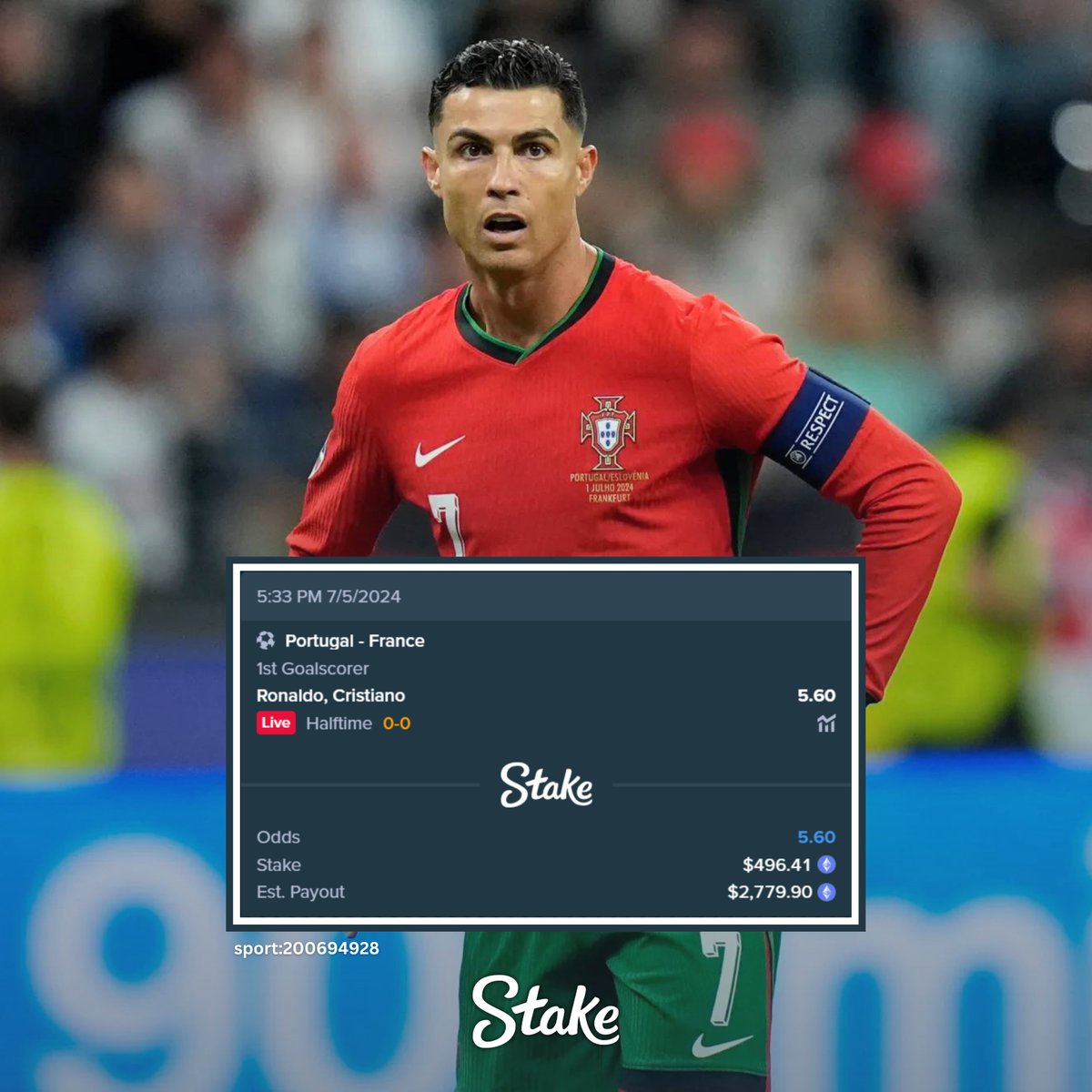 Stake's tweet photo. 46' | Both defenses have looked solid so far, so it's going to take something special to break them down. ✨

Will Portugal's main man produce some magic &amp; get his first goal of this tournament? 🤔

This bettor certainly thinks so! 

🇵🇹 0⃣-0⃣ 🇫🇷

#EURO2024 | #PORFRA https://t.co/Izk7SNMrqW