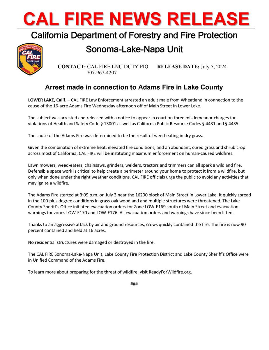 CALFIRELNU's tweet photo. The #AdamsFire that started Wednesday in Lower Lake is 90% contained. CAL FIRE Law Enforcement made an arrest in connection to the cause of the fire, which was determined to be the result of weed-eating in dry grass in the hot afternoon temperatures. More details in release. https://t.co/74DL36YQ9n