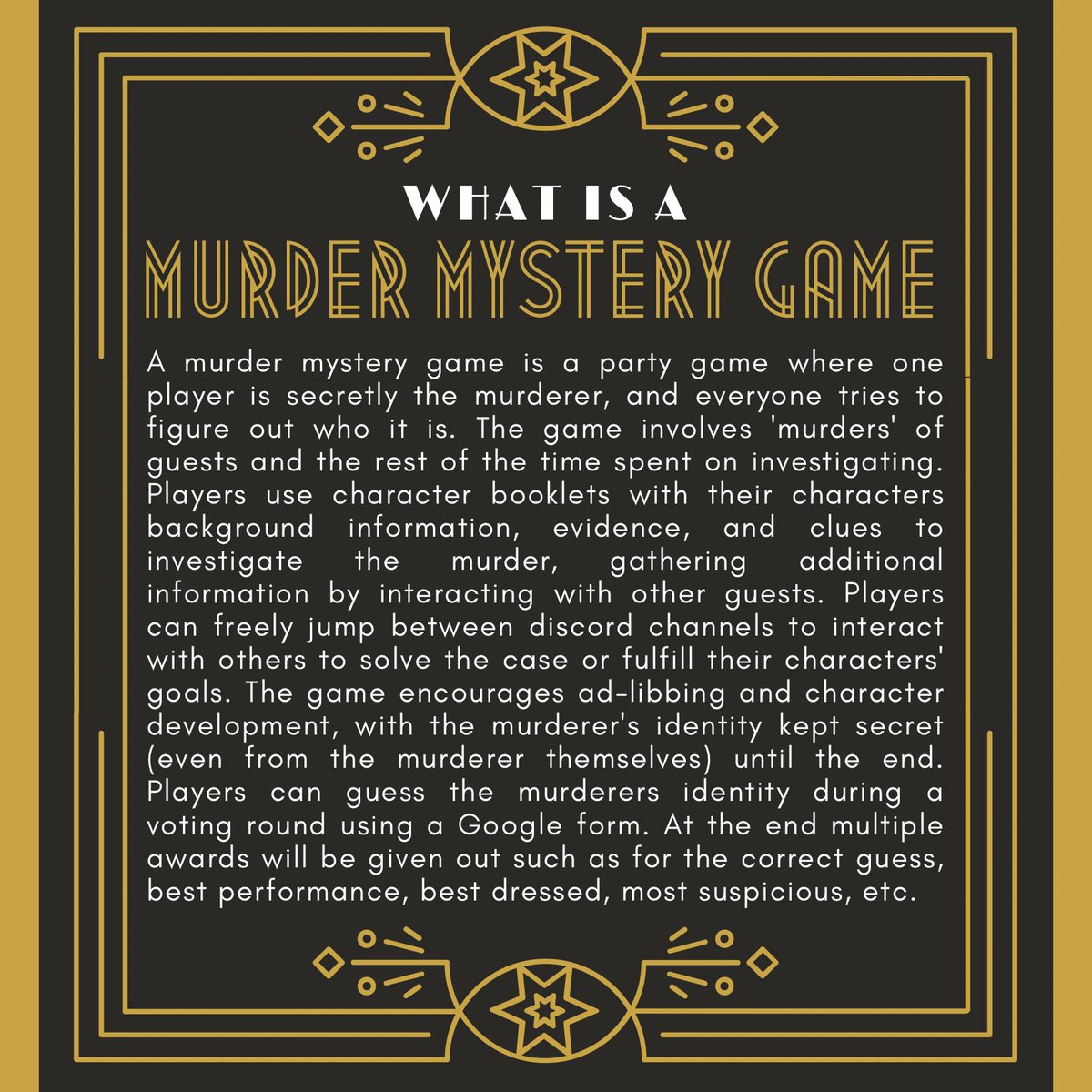 hunikinn's tweet image. ℹ️INFOℹ️

I’ve realized that some people don’t know what a murder mystery game is! So to clear up some confusion I have created a little write up about how the game is run. Some murder mysteries may be done differently but this is how the ones I have played have been done! 🔍🕵️