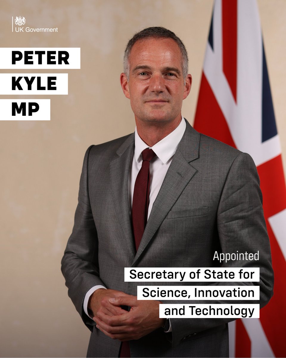 UK Prime Minister (@10downingstreet) on Twitter photo Peter Kyle MP <a href="/peterkyle/">Peter Kyle</a> has been appointed Secretary of State for Science, Innovation and Technology <a href="/SciTechgovuk/">Department for Science, Innovation and Technology</a>. Peter Kyle MP <a href="/peterkyle/">Peter Kyle</a> has been appointed Secretary of State for Science, Innovation and Technology <a href="/SciTechgovuk/">Department for Science, Innovation and Technology</a>.