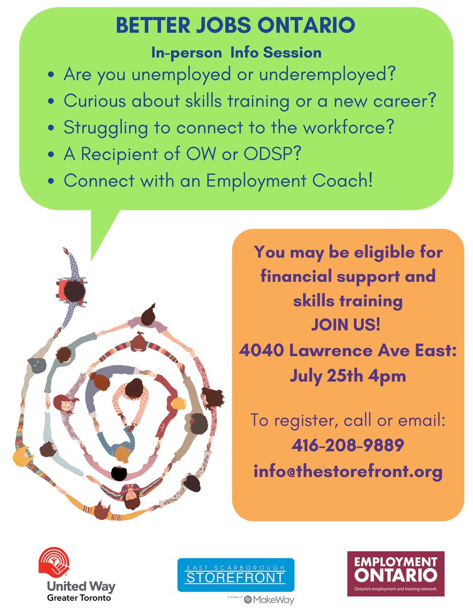 Are you unemployed or underemployed? Are you curious about skills training or a new career? Struggling to connect to the workforce? A Recipient of OW or ODSP? Connect with an Employment Coach!#ScarbTO, #StorefrontKGO, #EastScarborough, #ConnectedCommunities, #Volunteers