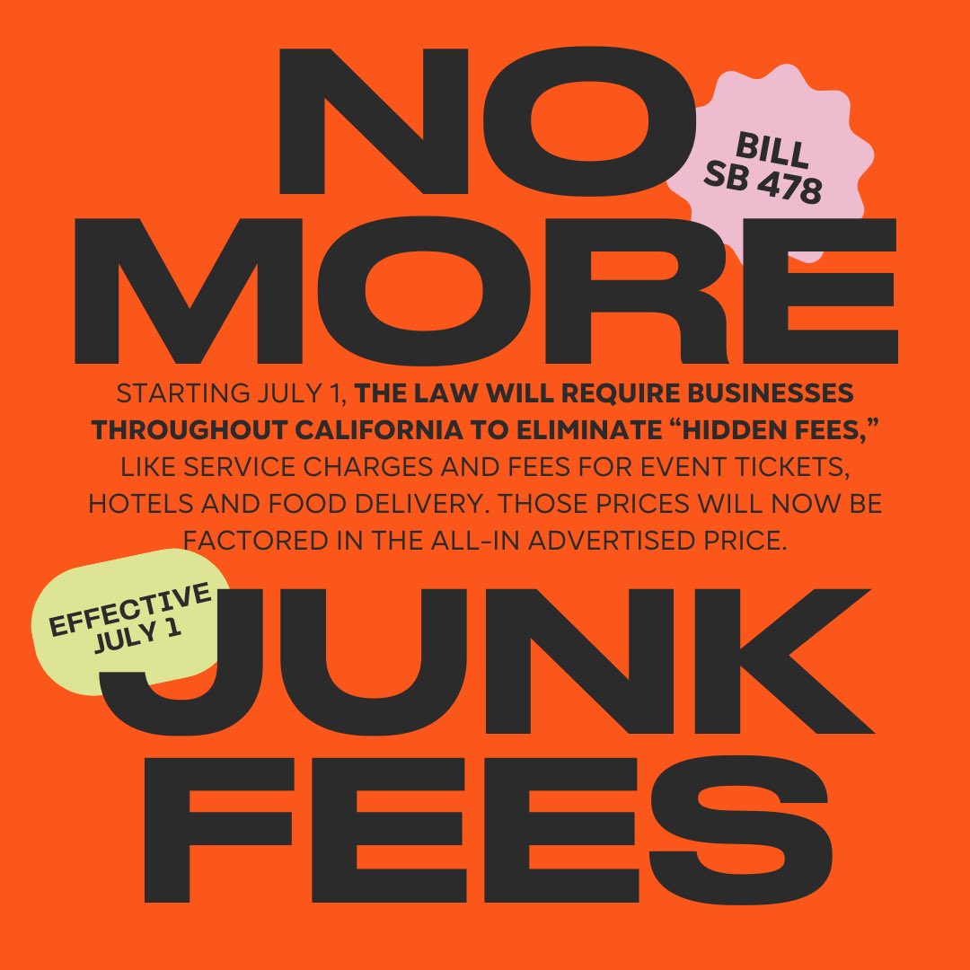 solofunds's tweet image. The new "California Junk Fee Prevention Act" has gone into effect, protecting consumers from unexpected charges on their bills.

How do you think this change will impact your everyday expenses?

#California #JunkFees #ConsumerProtection #FairPricing #FinancialTransparency