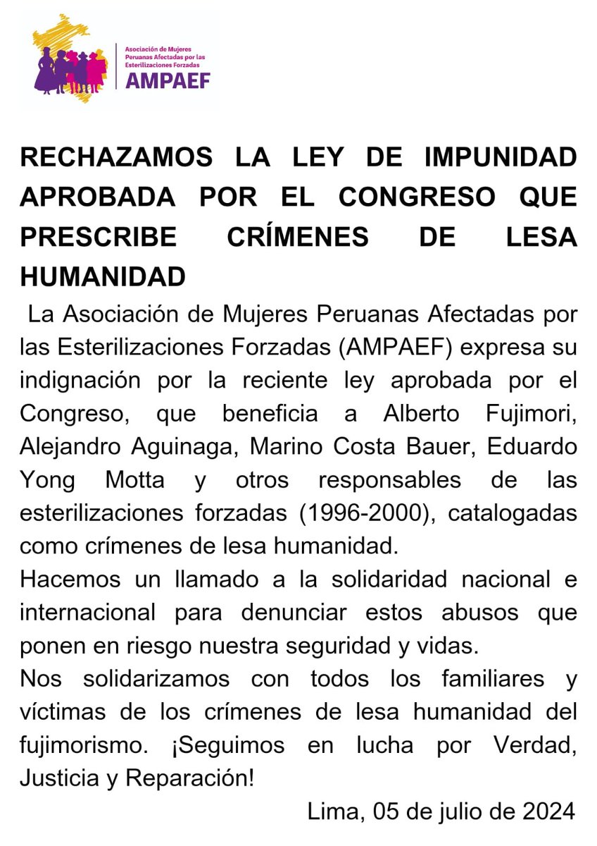ampaef's tweet photo. AMPAEF: RECHAZAMOS LEY DE IMPUNIDAD @MinjusDH_Peru @congresoperu @CIDH @larepublica_pe @ensustrece @noticias_tvperu @Latina_pe @elcomercio_peru @TC_Peru @ATVNoticiasAD https://t.co/5tvhD1h0ks