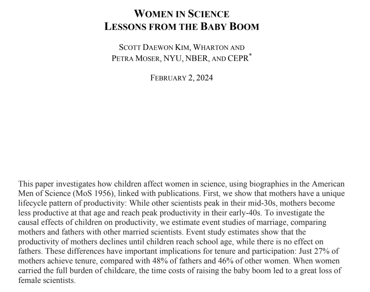 chloergibbs's tweet photo. Not saying that I think about this paper almost daily, and not not saying that, perhaps because...

"Women in Science: Lessons from the Baby Boom"
@Petramoser6 &amp; Scott Daewon Kim (R&amp;R, Econometrica)
https://t.co/PAGOTsS0KF https://t.co/sszLSgOhET