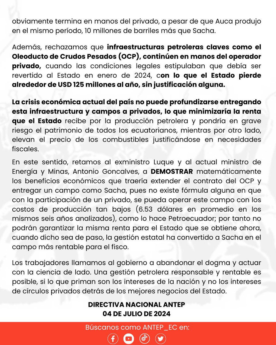 🚨 COMUNICADO| 14 candidatos al Viceministerio de Hidrocarburos y todos se negaron a la política de privatización del sector petrolero. 

Instamos al gobierno a abandonar el dogma y priorizar los intereses nacionales. 

¡Protejamos nuestro patrimonio! #NoALaPrivatización #Ecuador