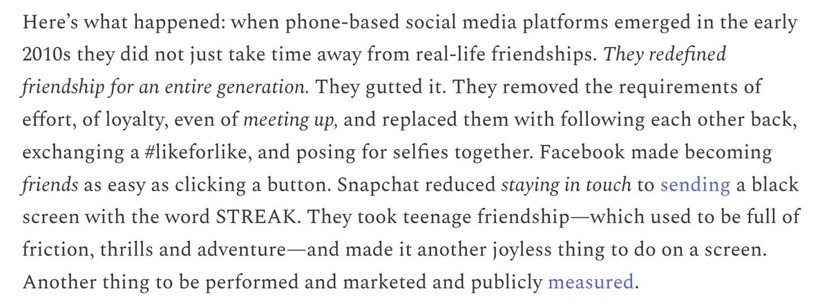 JonHaidt's tweet photo. Here's Freya India with another powerful post at After Babel: How social media redefined at "gutted" friendship. Quantity pushed out quality. Loneliness increased for her generation as a whole: 

https://t.co/3J7KybTrgz